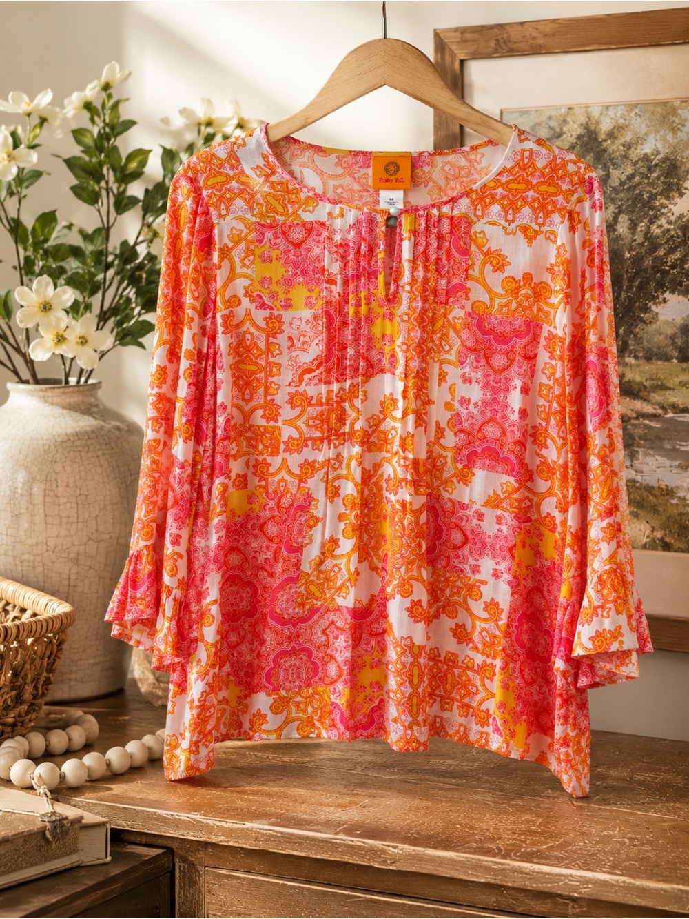Ruby Rd. Pink Orange Yellow Paisley Tunic Top